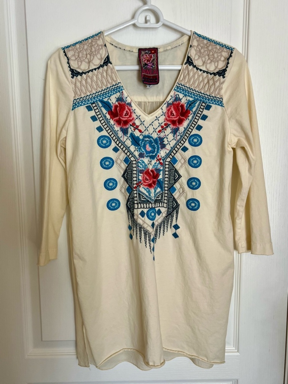 Johnny Was Boho Western Cream Tunic Blue Pink Embroidery Semi Sheer Back